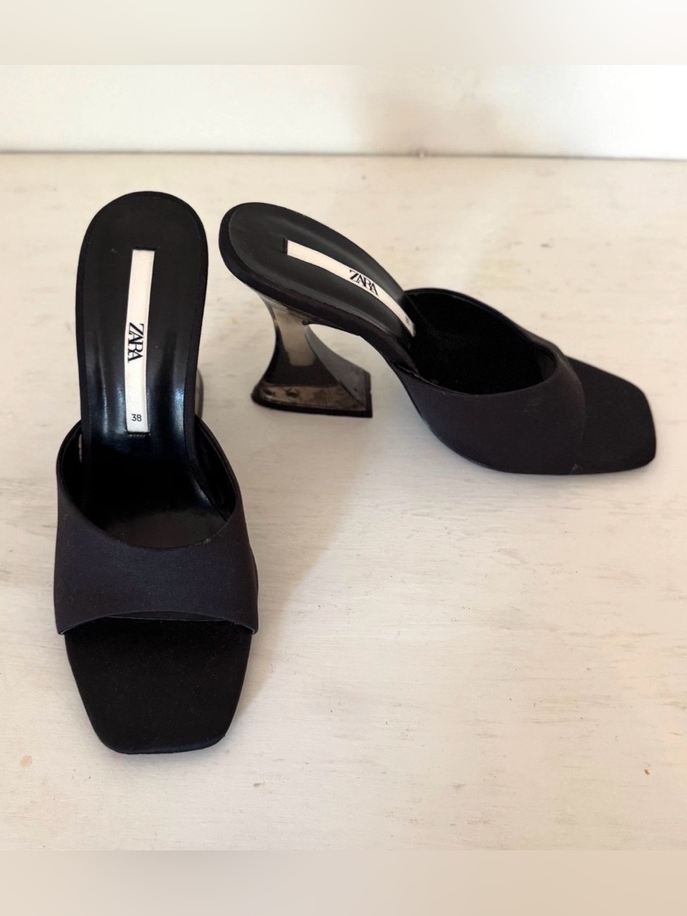 Zara Satin Architectural Methacrylate Square Toe Heels Size 7.5 (38) Worn Twice
